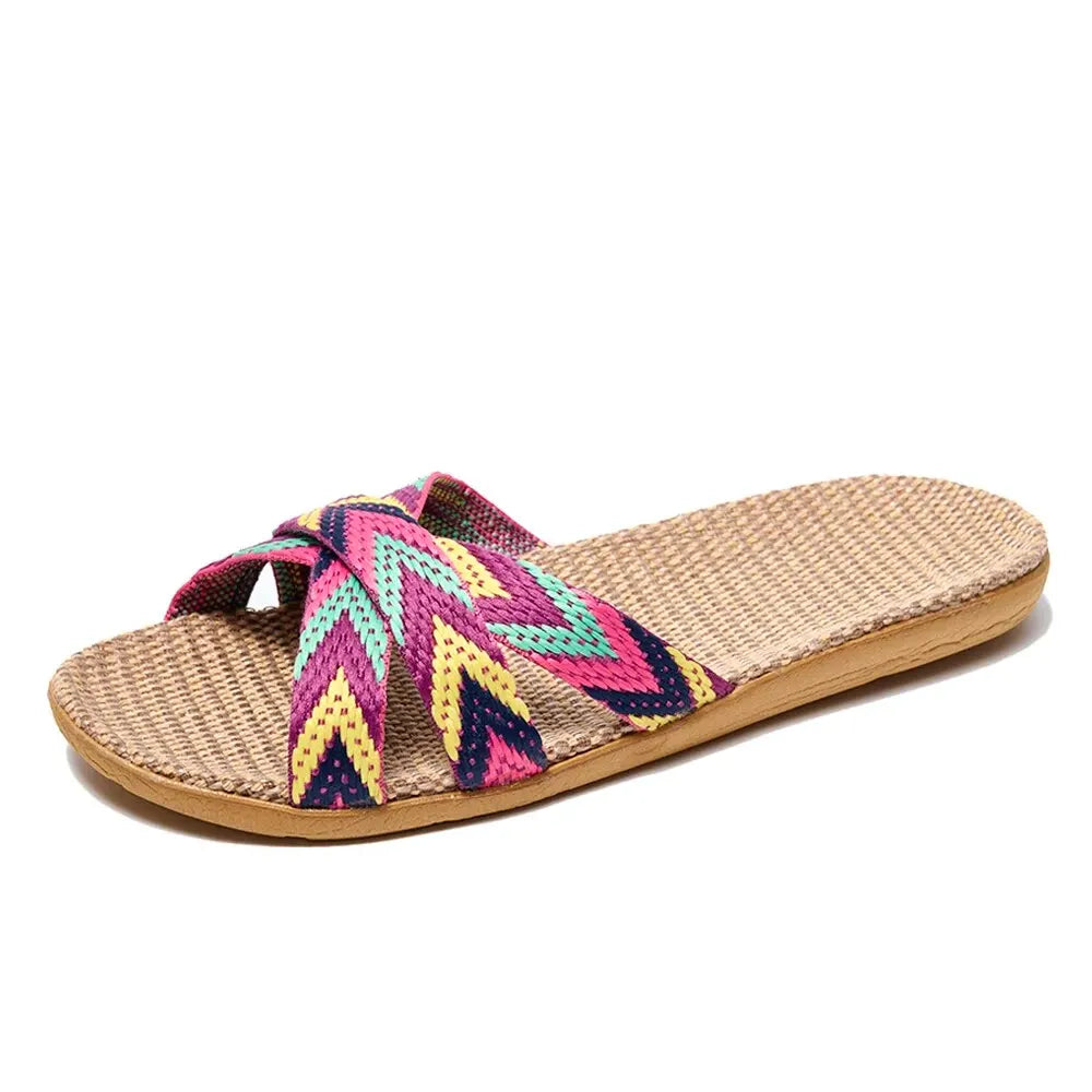 Damen Leinen Hausschuhe Leicht Bequem Sommer