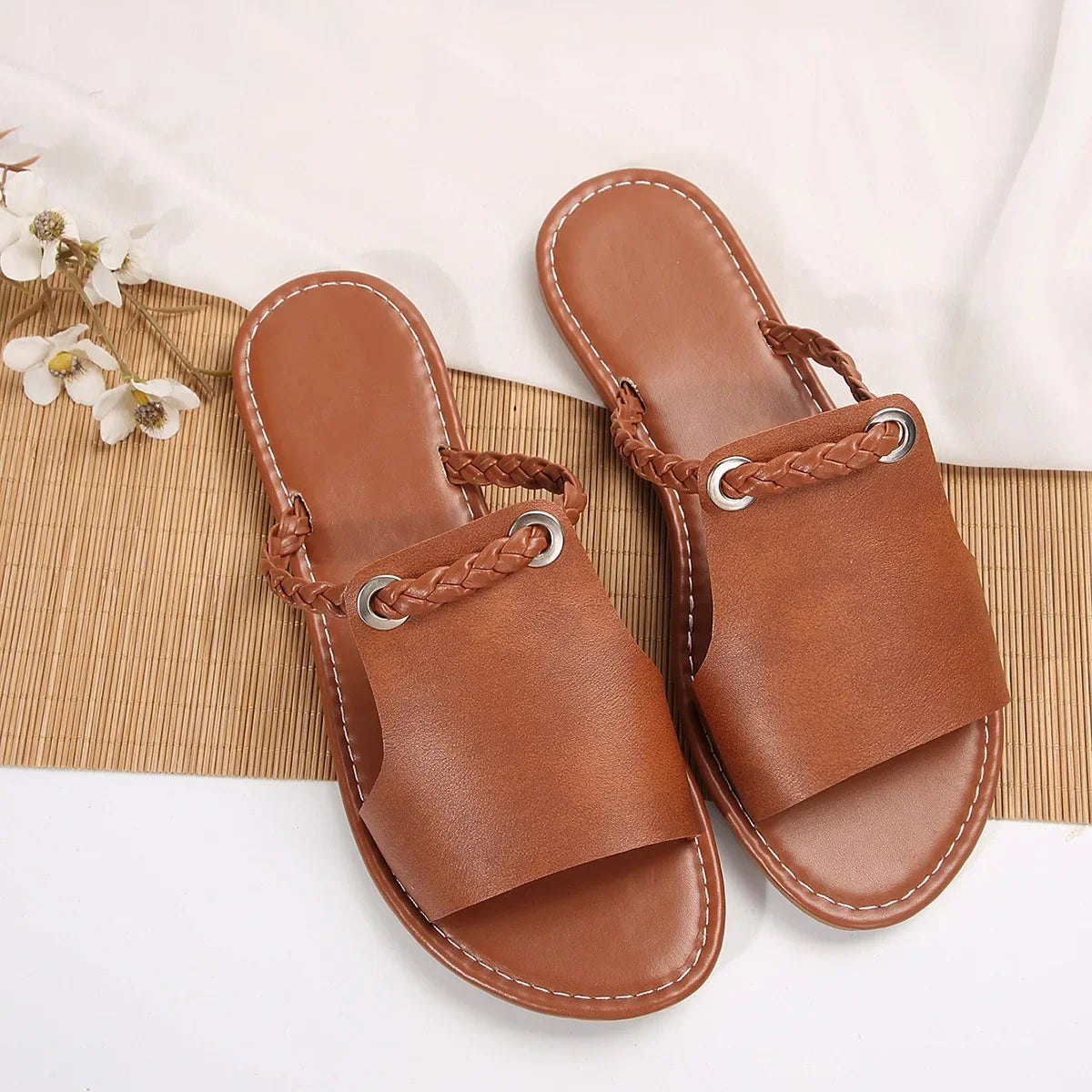 Damen Slide-Sandalen Flach Kunstleder – Peep-Toe Sommer