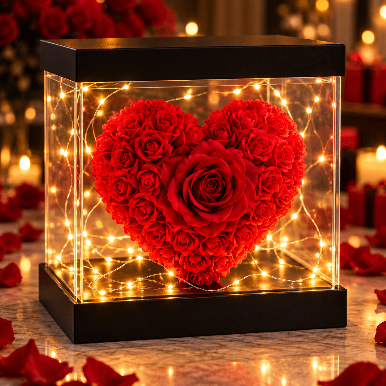 Coffret HEART LOUD. avec cœur de roses rouges, rose centrale et lumière chaude.