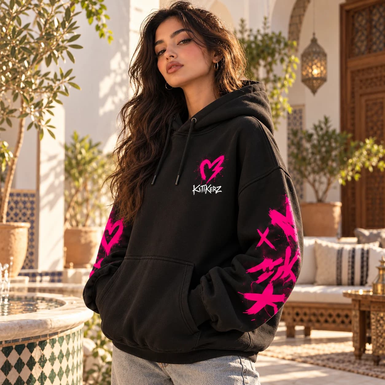 Hoodie KITIKERZ porté de face en journée : coupe oversized, cœur-éclair rose et motifs sur les manches.