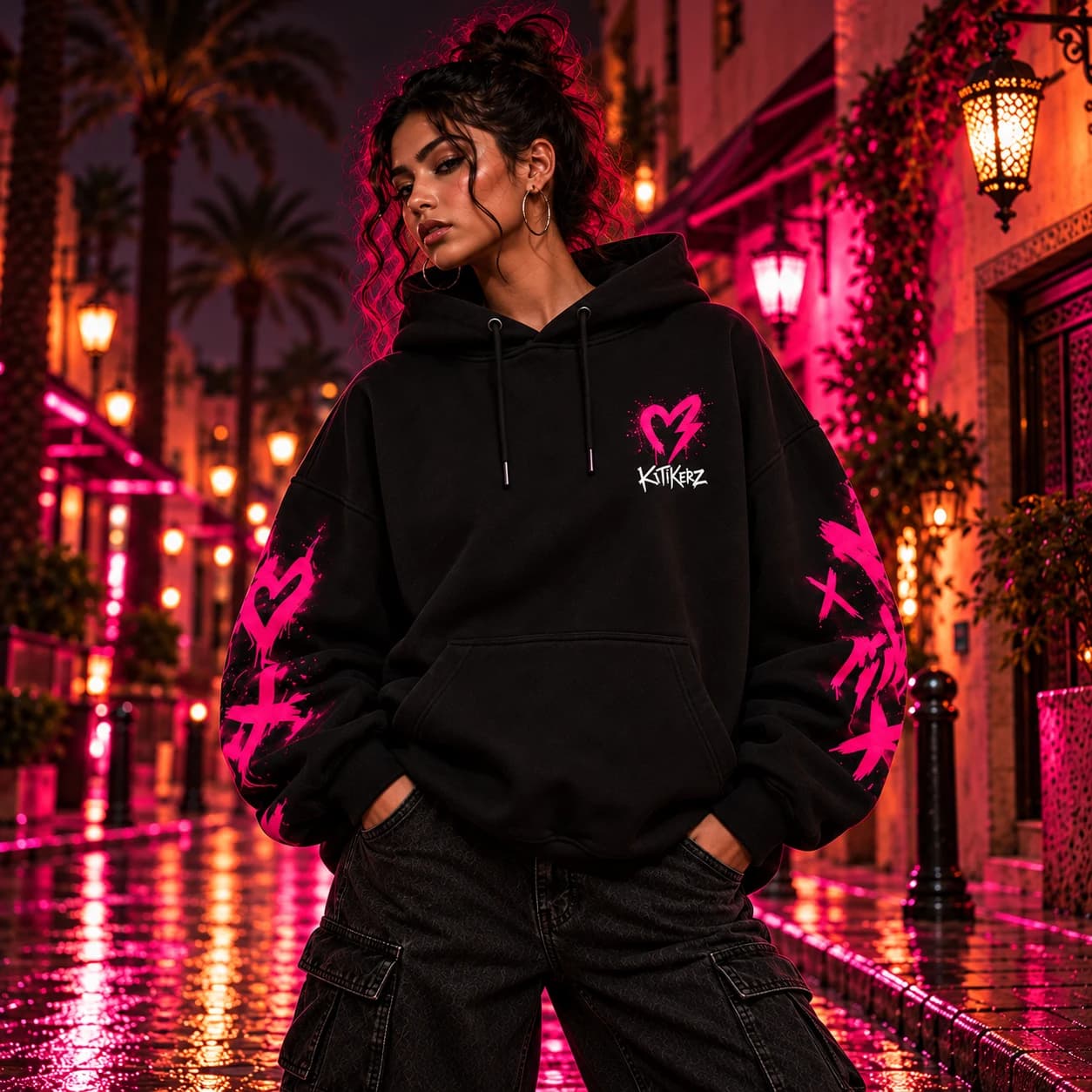 Hoodie KITIKERZ porté de face : cœur-éclair sur la poitrine et manches graffiti, dans une rue éclairée de rose.