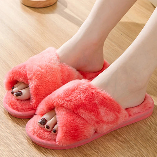 Bunte Pelzpantoffeln mit Kreuzriemen für Damen