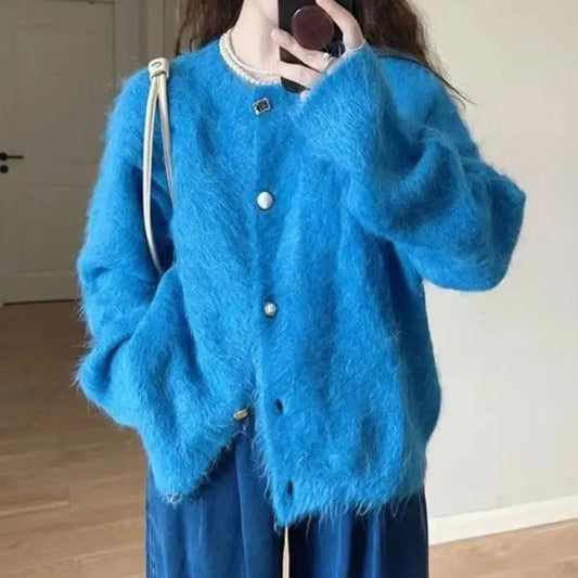 Damen Mohair Strickjacke Blau