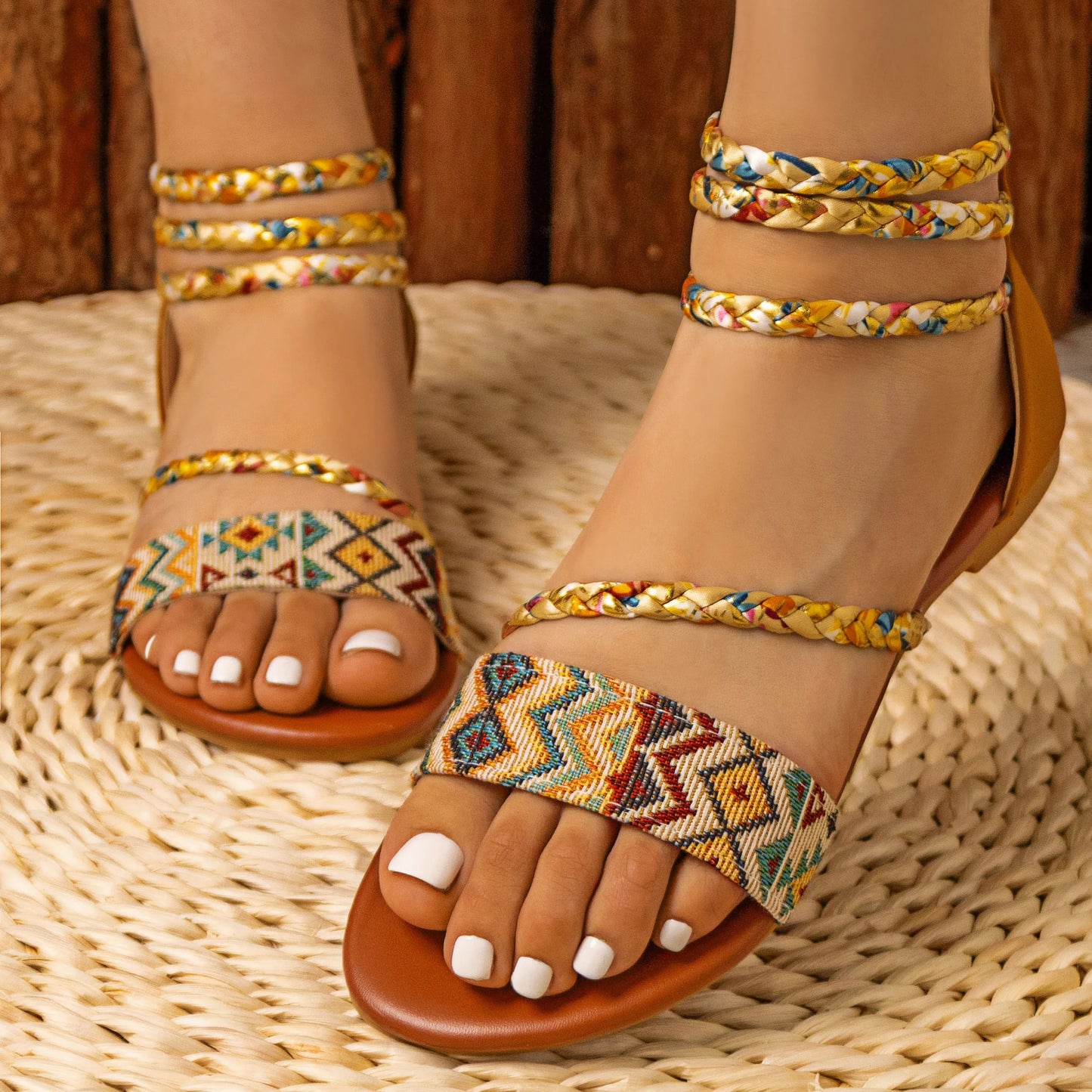 Bohemian Sandalen Damen | Flach, Bestickt, Sommer
