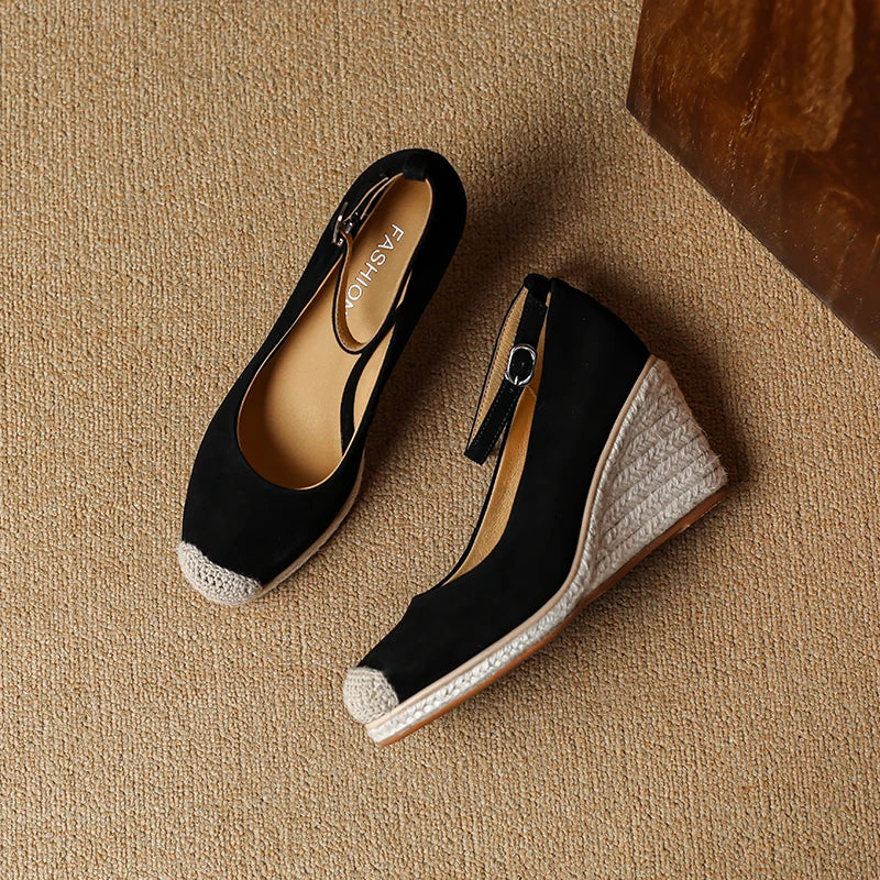 Damen Espadrilles Wedges Leder Pumps Keilabsatz