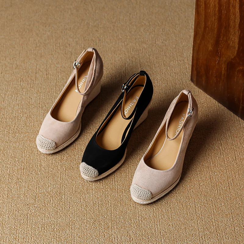 Damen Espadrilles Wedges Leder Pumps Keilabsatz