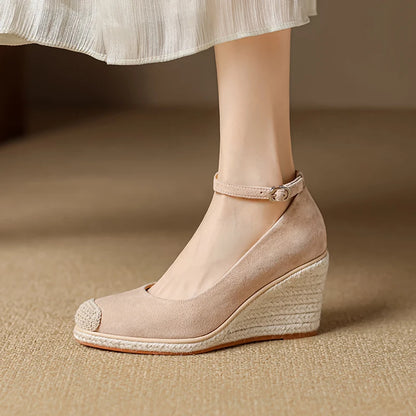 Damen Espadrilles Wedges Leder Pumps Keilabsatz