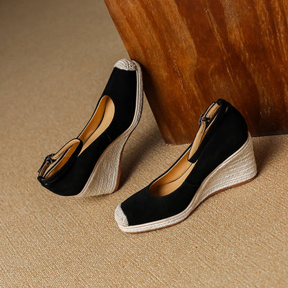 Damen Espadrilles Wedges Leder Pumps Keilabsatz