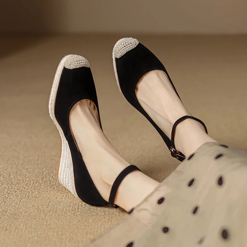 Damen Espadrilles Wedges Leder Pumps Keilabsatz