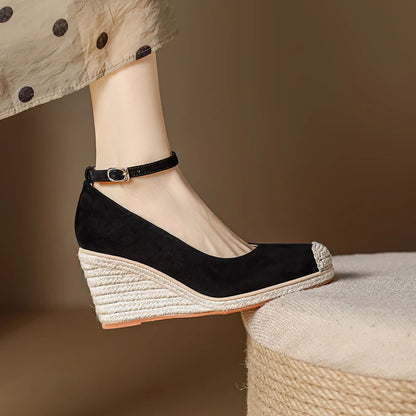 Damen Espadrilles Wedges Leder Pumps Keilabsatz