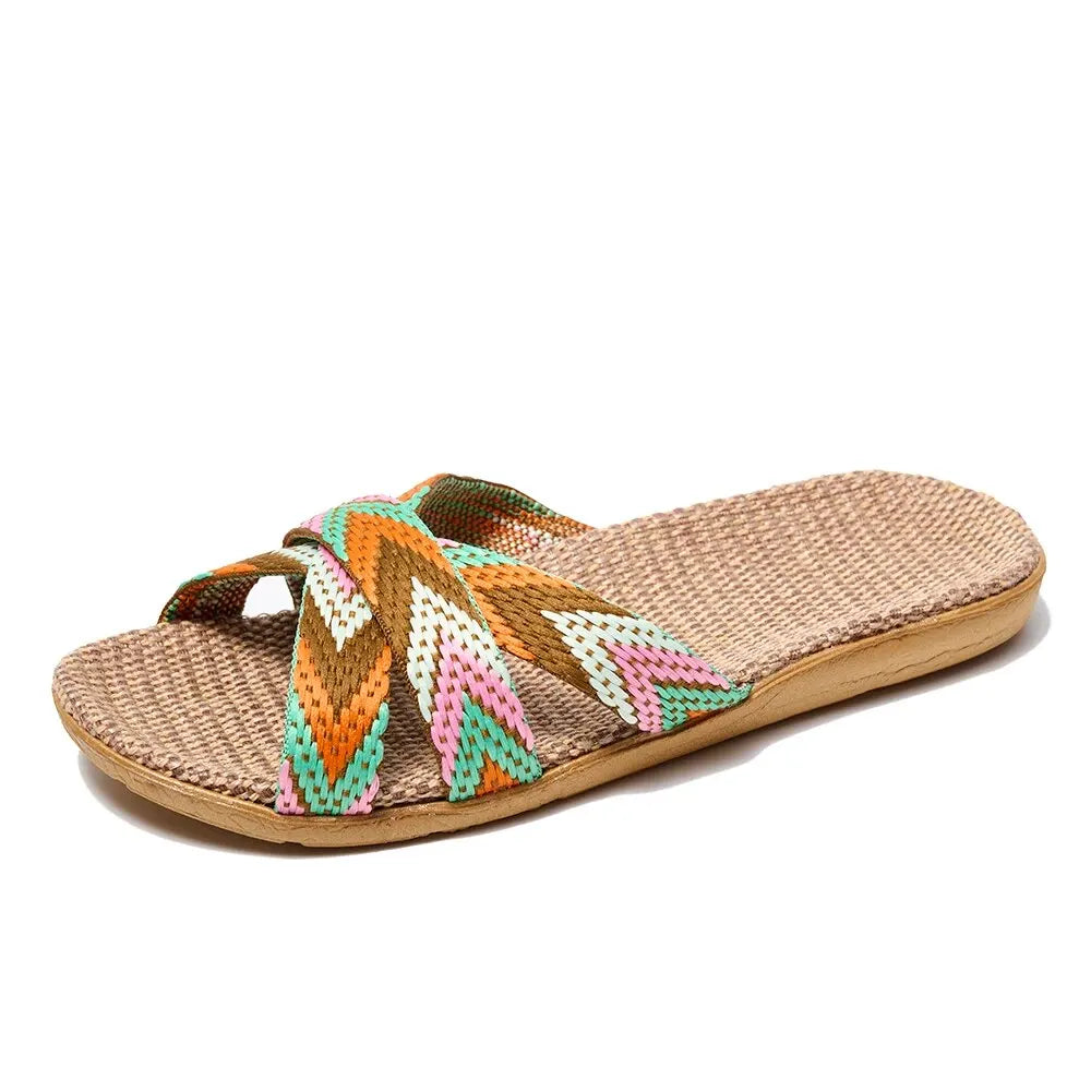 Damen Leinen Hausschuhe Leicht Bequem Sommer