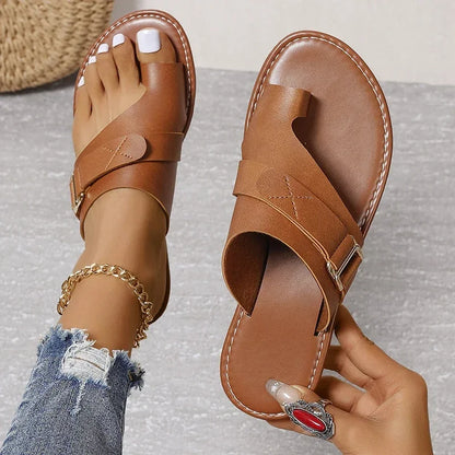 Damen Sandalen Flach Sommer – Römer-Schnalle Zehentrenner