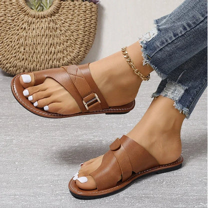 Damen Sandalen Flach Sommer – Römer-Schnalle Zehentrenner