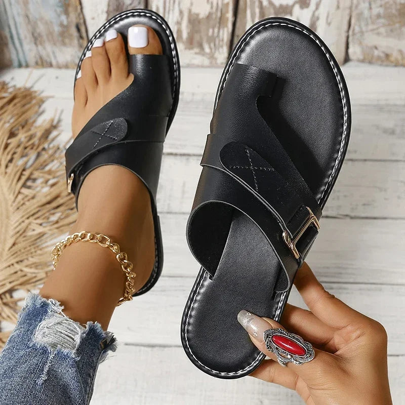 Damen Sandalen Flach Sommer – Römer-Schnalle Zehentrenner