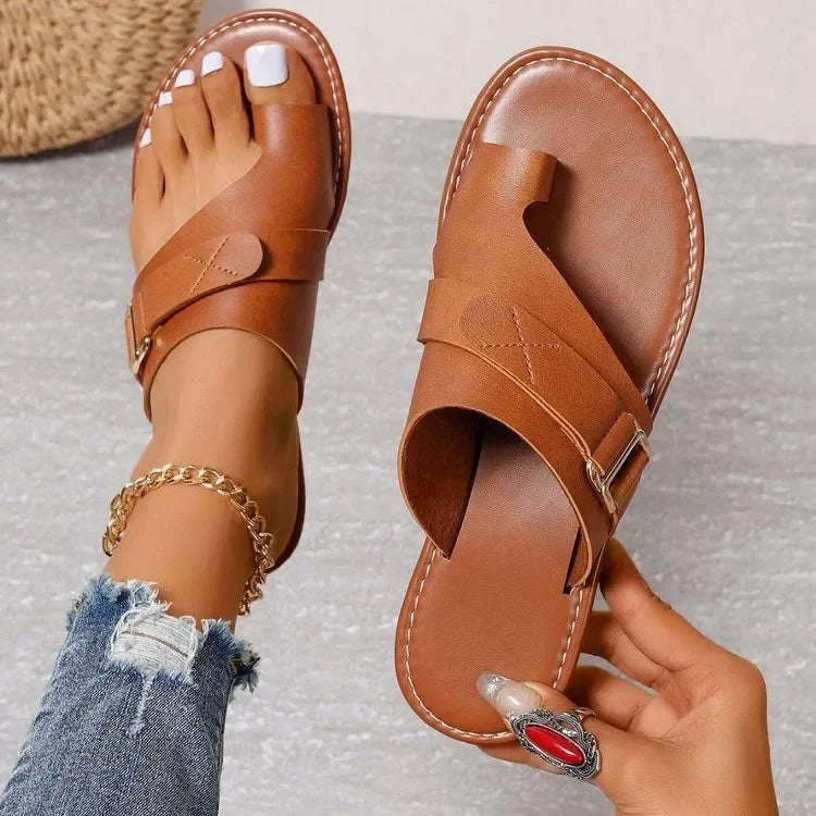 Damen Sandalen Flach Sommer – Römer-Schnalle Zehentrenner