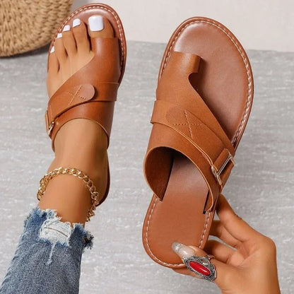Damen Sandalen Flach Sommer – Römer-Schnalle Zehentrenner