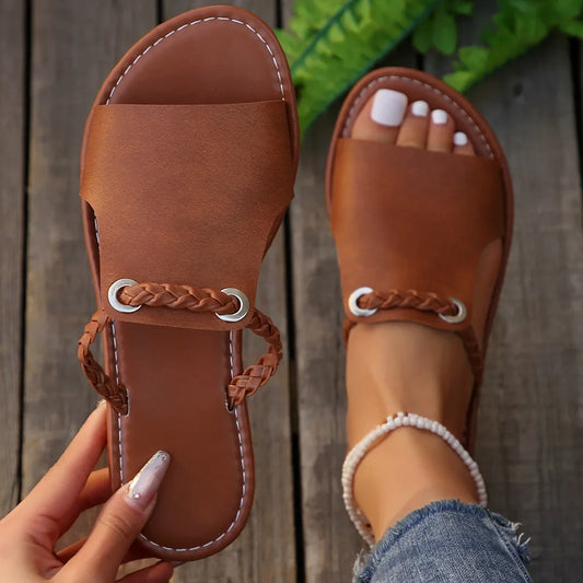 Damen Slide-Sandalen Flach Kunstleder – Peep-Toe Sommer
