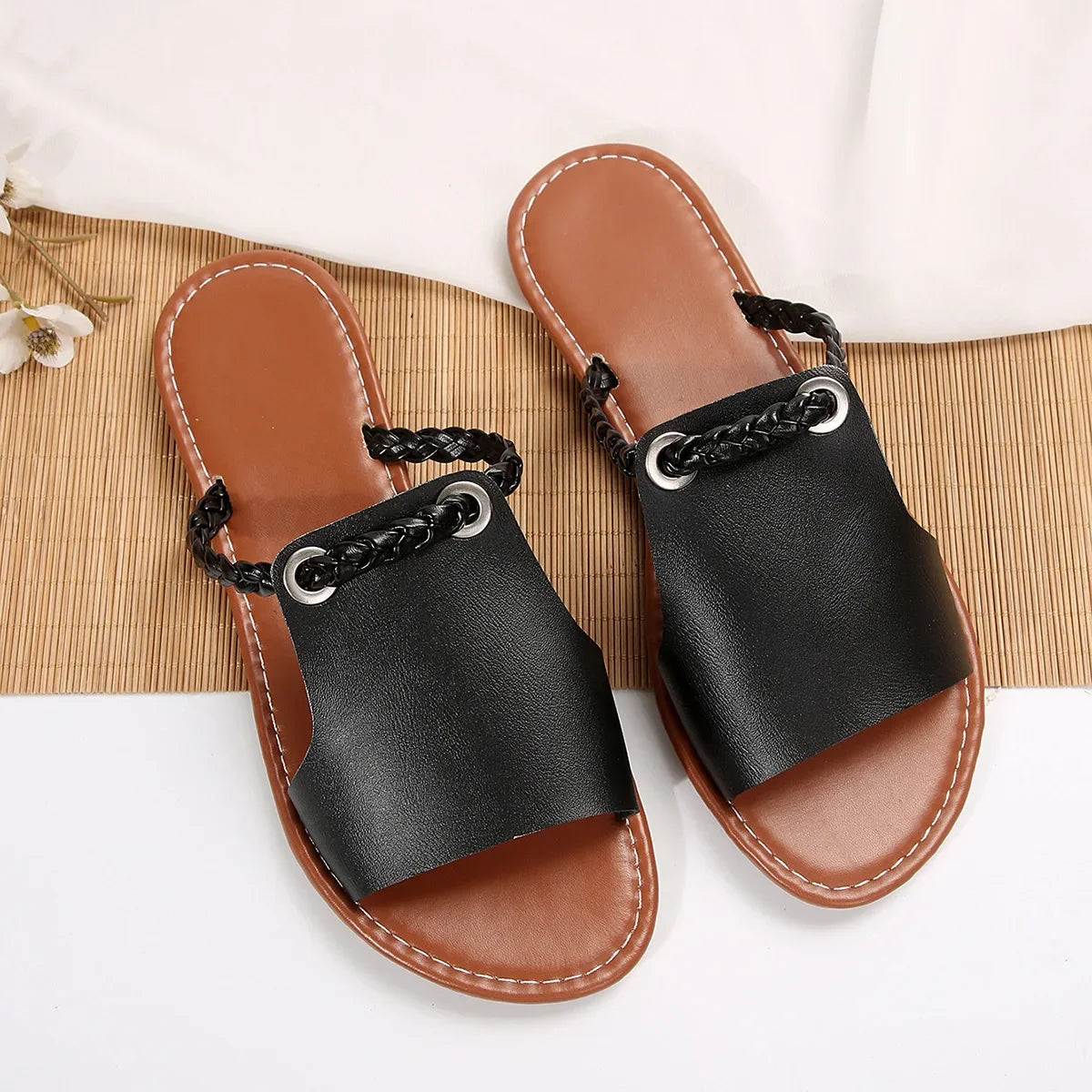 Damen Slide-Sandalen Flach Kunstleder – Peep-Toe Sommer