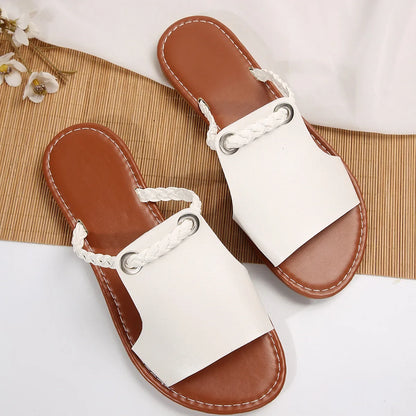 Damen Slide-Sandalen Flach Kunstleder – Peep-Toe Sommer