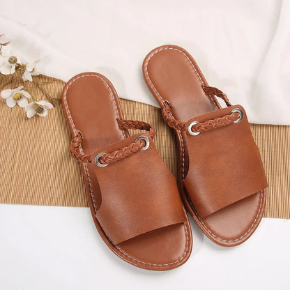 Damen Slide-Sandalen Flach Kunstleder – Peep-Toe Sommer