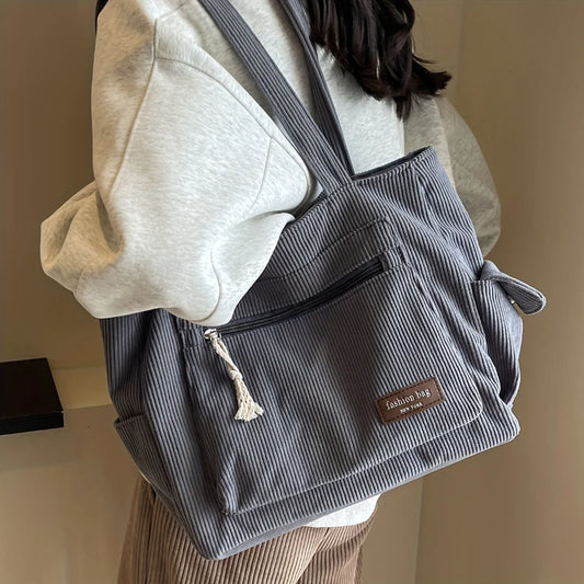 Retro Cord-Einkaufstasche – Stylische Schultertasche mit Multi-Taschen